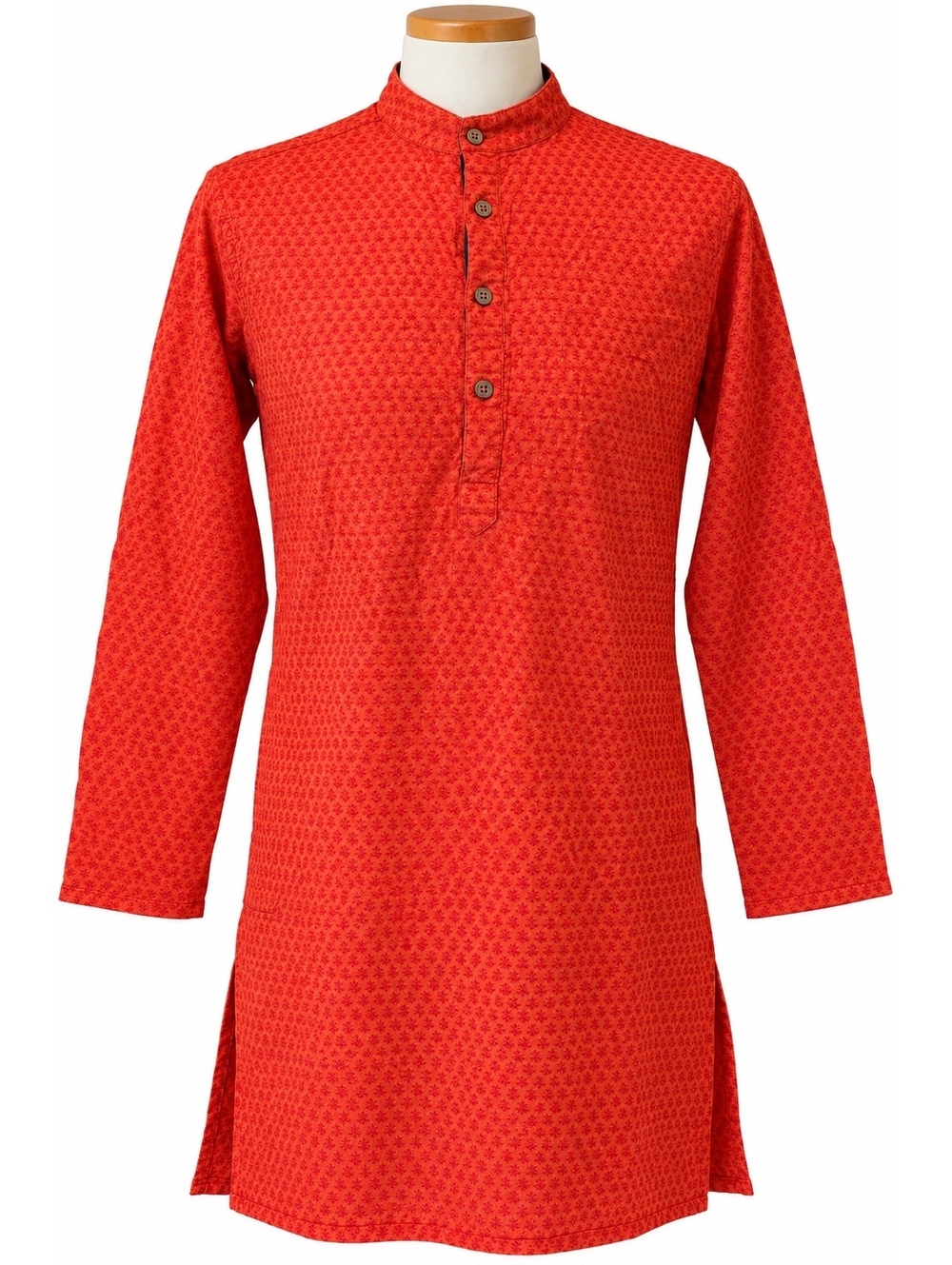 Shatranj Men’s Small Orange Indian Kurta Tunic Mandarin Collar Long Sleeve